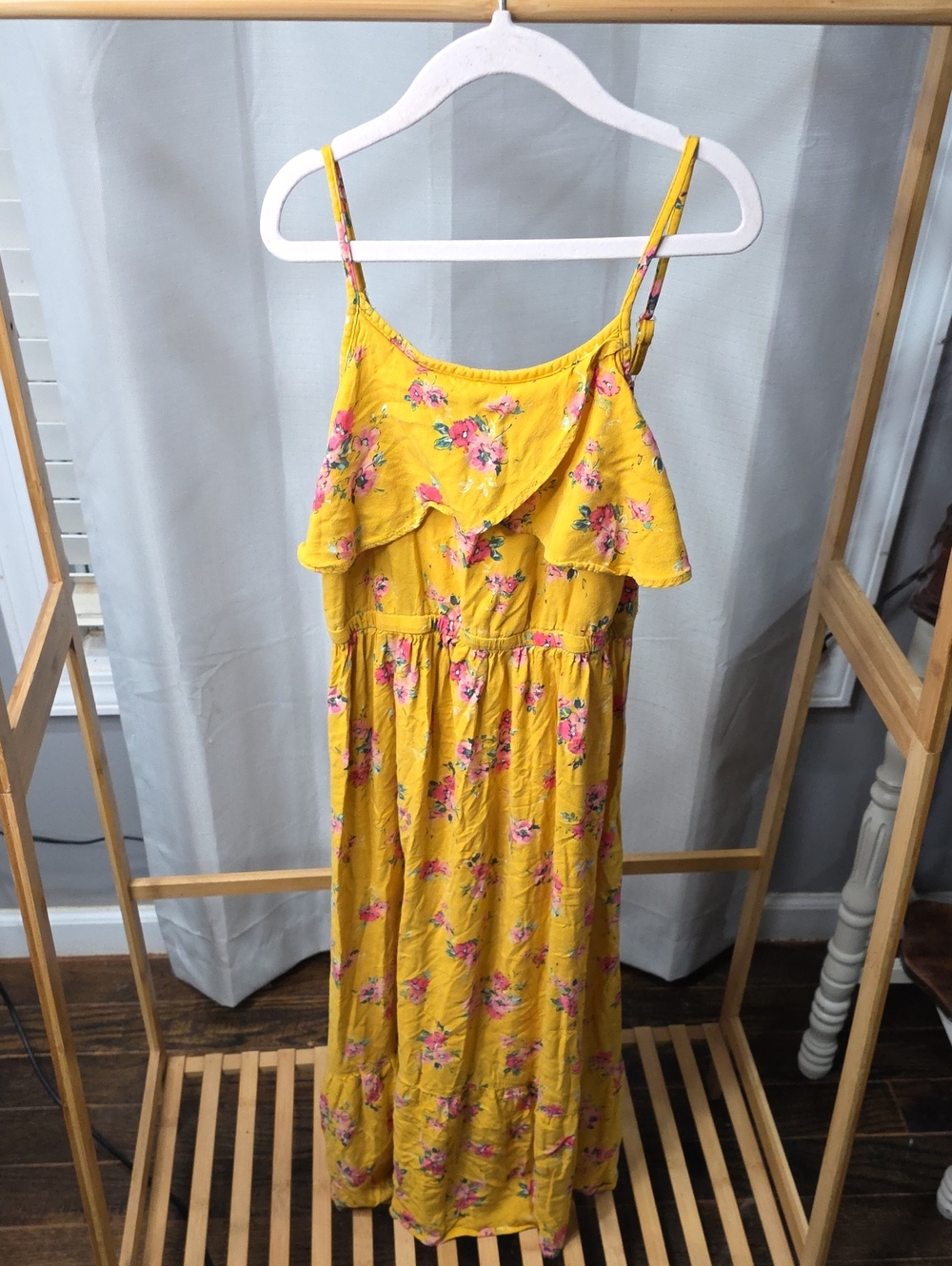 Girls' Yellow Floral Ruffle Sundress with Spaghetti Straps
